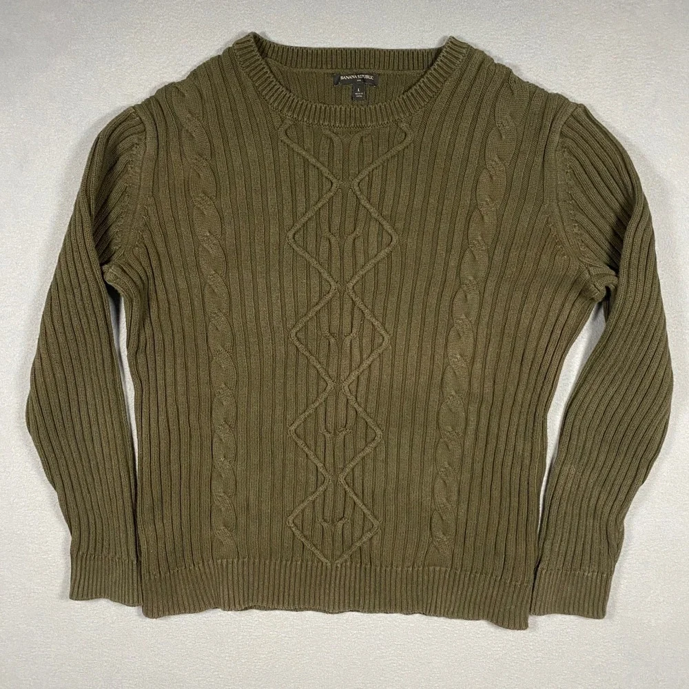 Banana Republic Sweater Mens Large Olive Green Cable Knit Ribbed Cotton